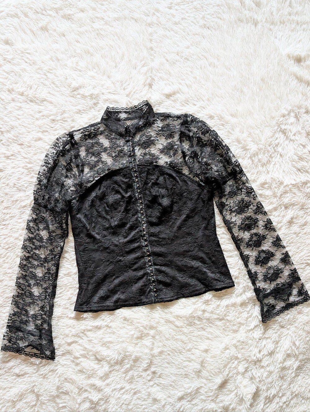 Y2K Lip Service Hook & Eye Corset Front Half Sheer Black Whimsigoth Lace Top 1X